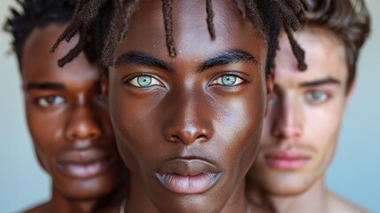 three men with diverse skin tones standing together in a studio showing the results of a consistent skincare routine