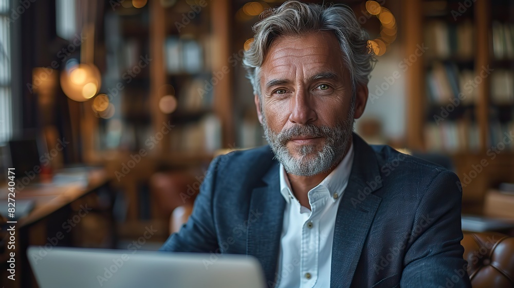 Wall mural happy busy middle aged business man ceo wearing suit sitting at desk in office using laptop mature businessman professional executive manager working on computer corporate technology