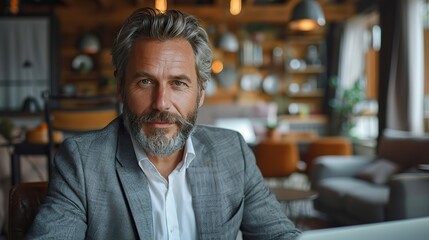 Fototapeta premium happy busy middle aged business man ceo wearing suit sitting at desk in office using laptop mature businessman professional executive manager working on computer corporate technology
