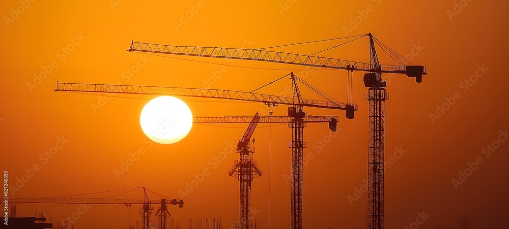 Poster 2. frame the towering cranes against the backdrop of a setting sun, symbols of progress and ambition