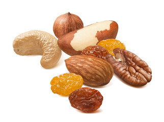 Almond, cashew, hazelnut, pecan, brazil nut and raisins isolated on white background.