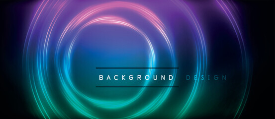 Neon glowing circle rays, light round lines in the dark, planet style neon wave lines. Energetic electric concept design for wallpaper, banner, background