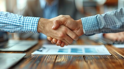 entrepreneurs shaking hands in a modern workplace with a financial paper graph on the desk