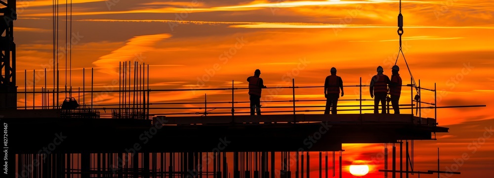 Poster 10. **end-of-day reflection**: freeze a moment of workers winding down as the sun sets on the constr