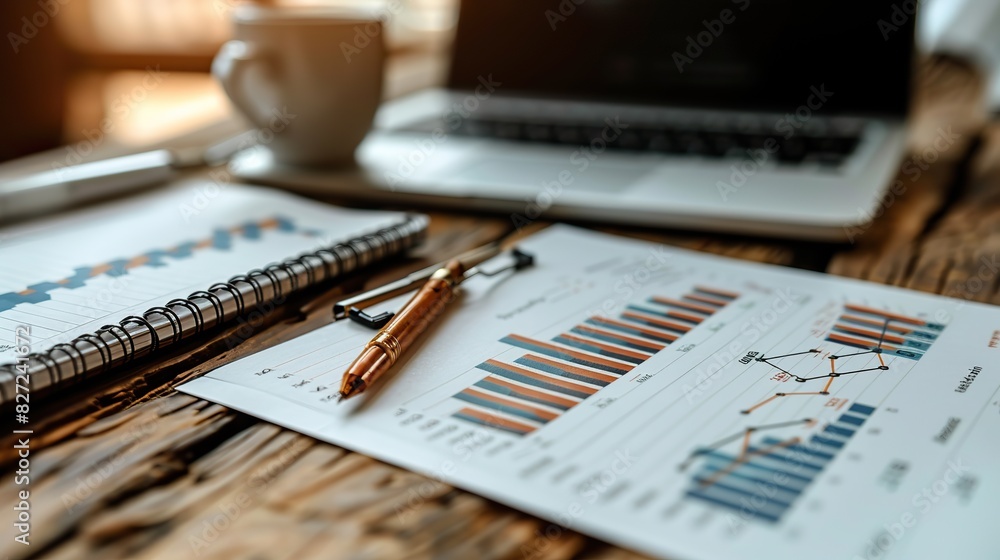 Poster documents finance and report with a laptop gear and paperwork on a table or desk in a corporate offi