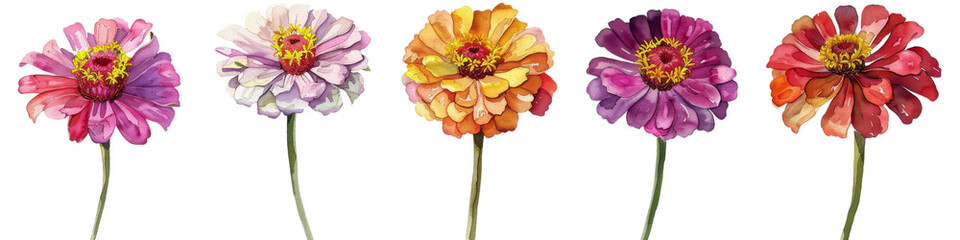 Set of colorful Zinnia flowers isolated on white background