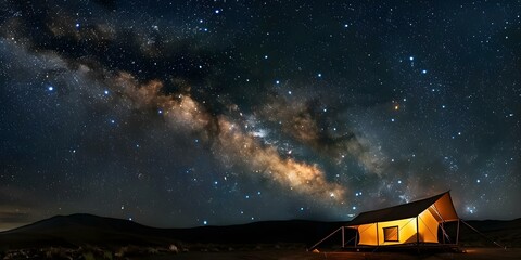 Naklejka premium Glowing Tent Beneath the Stunning Night View of the Starry Sky and Milky Way. Concept Starry Sky, Glowing Tent, Night View, Milky Way, Outdoor Adventure