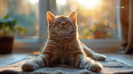 fat cat doing yoga in white room