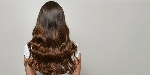 Fototapeta premium Confident Individual with Long Brown Hair in Rear View Against White Background. Concept Rear View, Long Brown Hair, Confident Individual, White Background