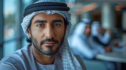 Obraz premium emirati arab at office wearing kandura looks to the front which is ideal for the middle east business concept arab man within a corporate setting with coworkers in the background