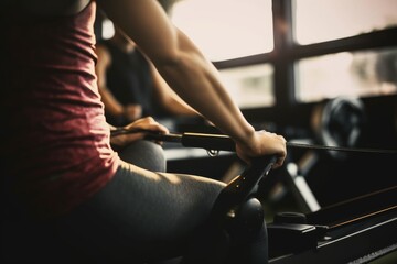 Close up of unrecognizable woman exercising on rowing machine in a gym. Close up of unrecognizable female athlete having sports training on rowing machine in a gym