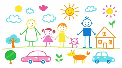 Naklejka premium Hold on tight! A child's chalk drawing brings cars and trucks to life in a vibrant display of color.