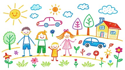 Naklejka premium Simple stick figures and big dreams come together in a hand-drawn chalk artwork created by a child.
