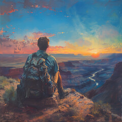 The image shows a man sitting on a cliff, looking out at a beautiful sunset