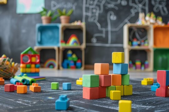 Colorful educational blocks toys for childrens playroom and kindergarten interior with free space