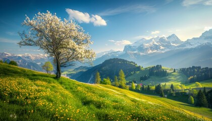 Beautiful idyllic alpine landscape with blooming meadows on a sunny spring day in the alps