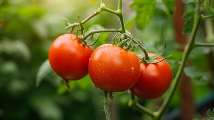 Home grown ripe tomato vegetables on green branch in greenhouse for autumn harvest on organic farm