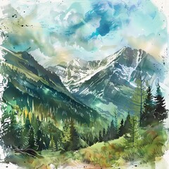Mountain, hiking, scenic, watercolor style