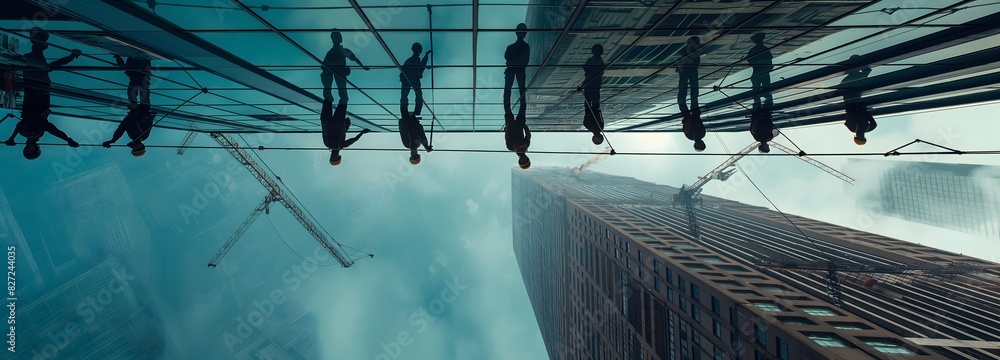 Poster 9. **skyward aspirations**: zoom out to capture workers against the backdrop of a rising skyscraper,