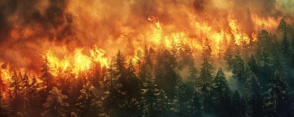 A dramatic wildfire rages through a dense forest, consuming trees and creating a powerful and dangerous natural scene.