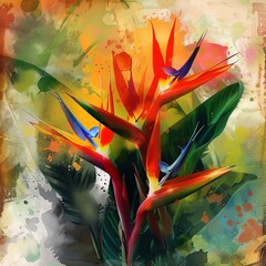 Strelitzia, dramatic, foliage, watercolor style