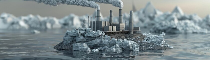 Obraz premium Industrial factory on a melting iceberg, highlighting environmental issues and climate change impact in arctic regions.