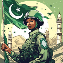 A poster for the army with a flag and a soldier holding a flag pakistan independence day .
