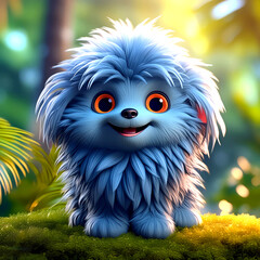 A smiling, fuzzy, long haired, soft, 3D cartoon character blue puppy with big brown eyes