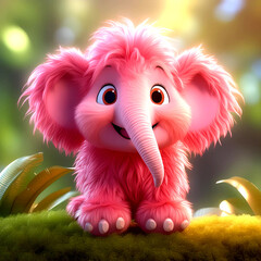 A smiling, fuzzy, long haired, soft, 3D cartoon character pink elephant with big brown