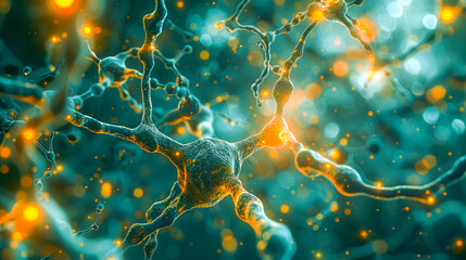Digital illustration of a neuron with synaptic connections, symbolizing neural activity