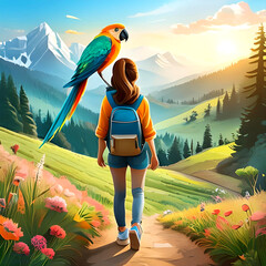 A young girl hiking down the trail, with a parrot on her shoulder.