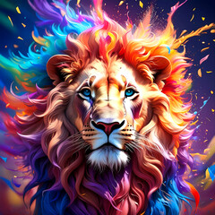 Colorful explosion in the shape of a lion's head