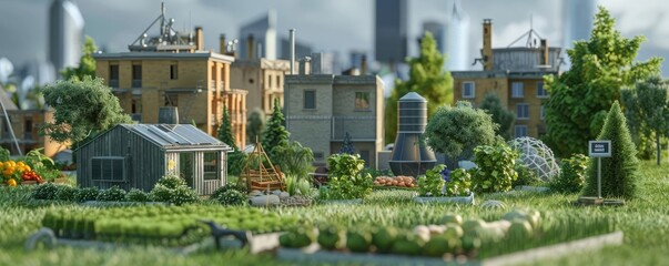 Fototapeta premium Urban farm with greenhouses and crops against cityscape background, blending rural and urban elements in scenic harmony.