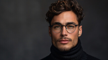 Fototapeta premium Attractive male model with stylish hair and eyewear posing confidently