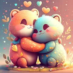 Cute cartoony characters hugging