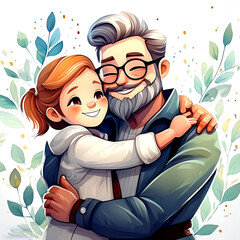 Cute cartoony characters hugging father's day.