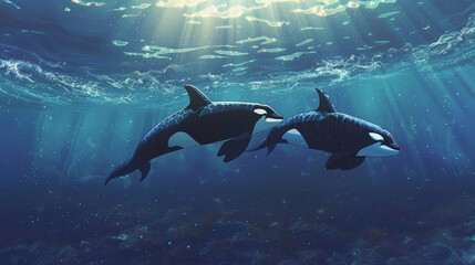 Obraz premium 海中を優雅に泳ぐ2匹のシャチ