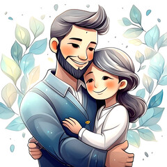 Cute cartoony characters hugging father's day.