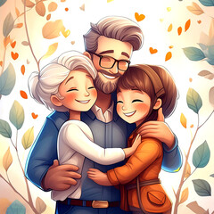 Cute cartoony characters hugging father's day.