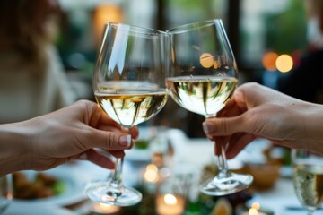 Obraz premium Elegant celebration with people toasting with white wine glasses at social event