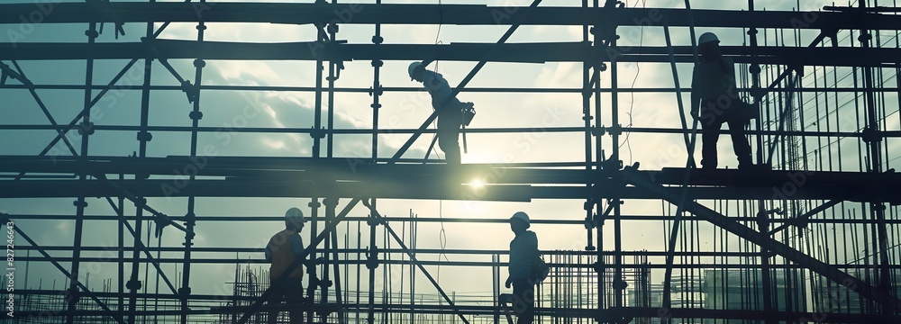 Poster 4. **blueprint realization**: frame a shot of workers erecting steel beams against the backdrop of a