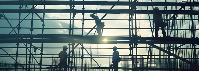 4. **Blueprint Realization**: Frame a shot of workers erecting steel beams against the backdrop of architectural blueprints, leaving ample space for a caption emphasizing the transformation from