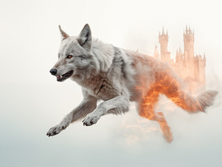 Wolf With A Visible Skeletal Structure, Flying Over A Medieval Castle With Flames