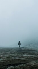 A person is standing alone in a foggy field