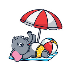 Cartoon illustration design of a cute and kawaii elephant relaxing on the beach with an umbrella and a ball