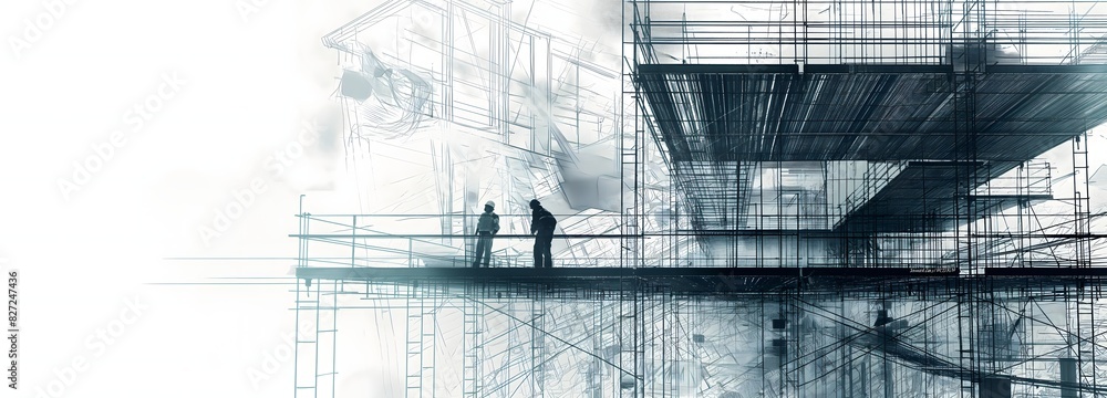 Aufkleber 4. **blueprint realization**: frame a shot of workers erecting steel beams against the backdrop of a