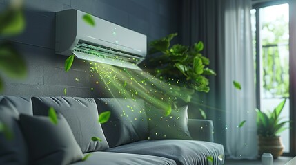 A living room air conditioner with advanced bacteria-clearing technology. Fresh air quality symbolizes the removal of green bacteria with the airflow from the AC.