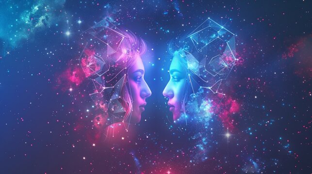 Gemini horoscope sign in twelve zodiac with galaxy stars background.