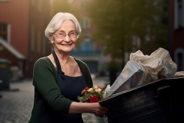 smiling senior woman carrying recycling rubbish