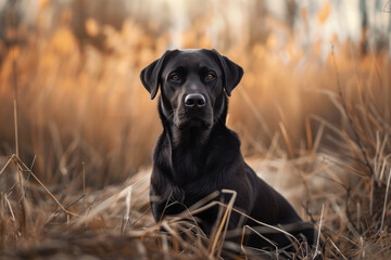 Black Labrador Retriever sitting in a fall forest